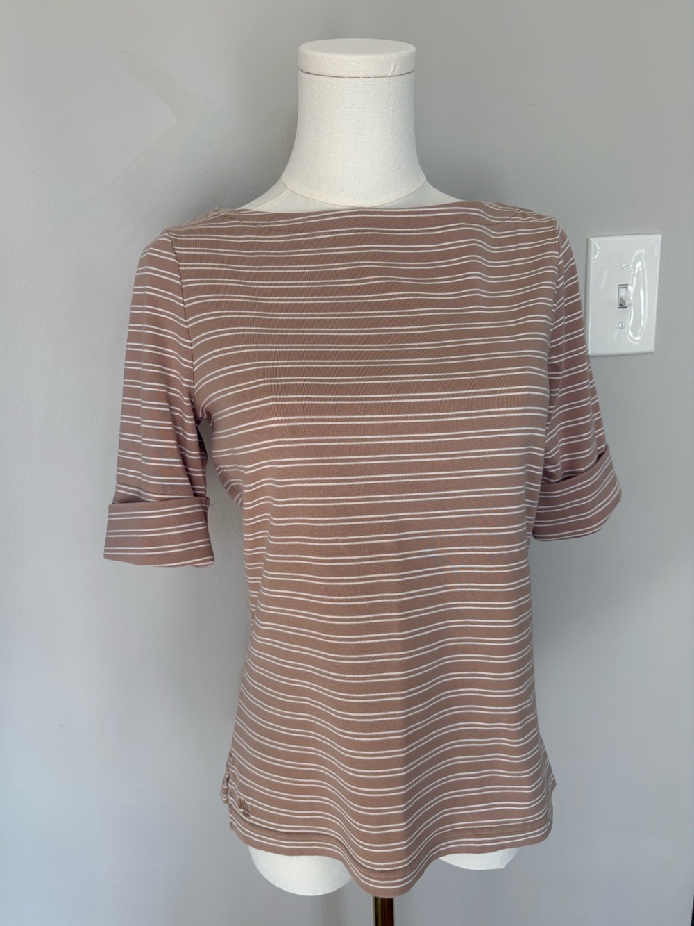 Lauren Ralph Lauren Black Label Taupe and White Striped Short Sleeve Tee